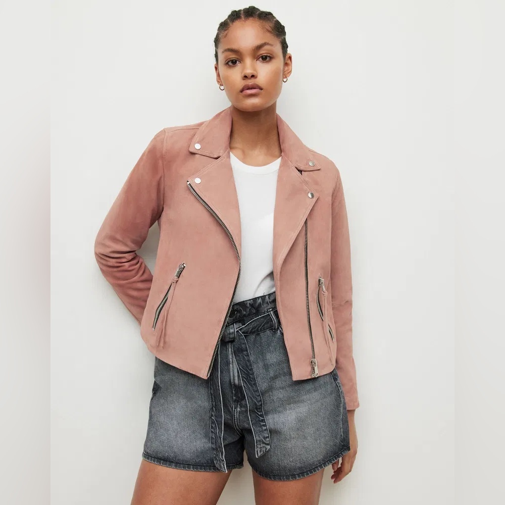 All Saints Dalby Slim Fit Suede Biker Jacket Fig Pink